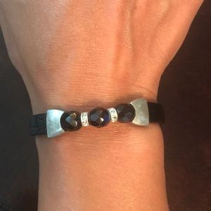 Beautiful Blue and Diamond Black Leather Bracelet